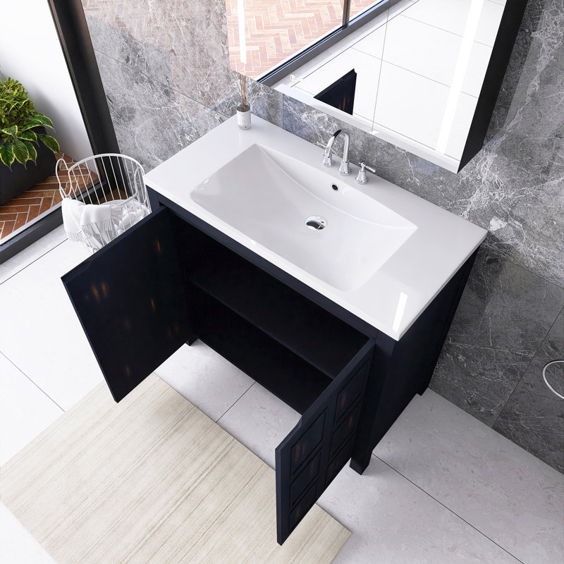 36 po Meuble-lavabo autoportant espresso avec plateau en céramique blanche non assemblé