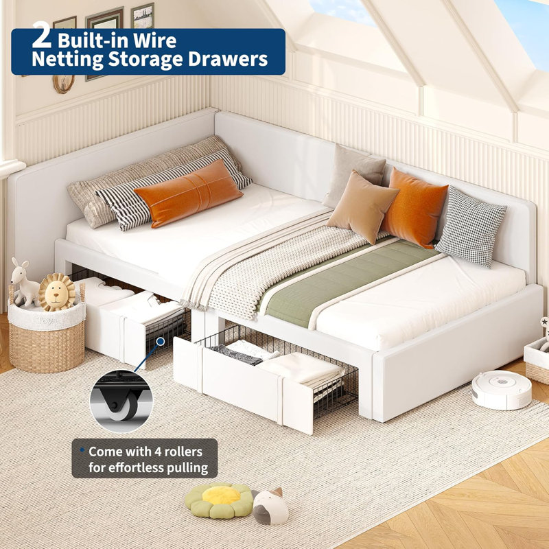 Twin Daybed with Storage Drawers, Velvet Upholstered Corner Bed, Kids Bedroom, Beige, Beige