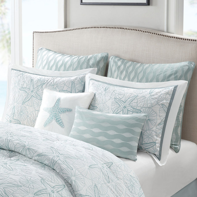 Housse de couette et taie d'oreiller King 100 % coton - Broderie foncée, fermeture à boutons, 4 attaches intérieures, thème océanique, 200 fils au pouce carré, 2 mini taies d'oreiller.