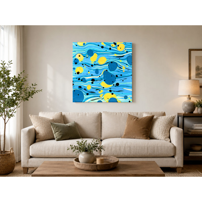 «Blue and Yellow Abstract Marble Swirl», art mural carré sur toile, 16" W x 16" H
