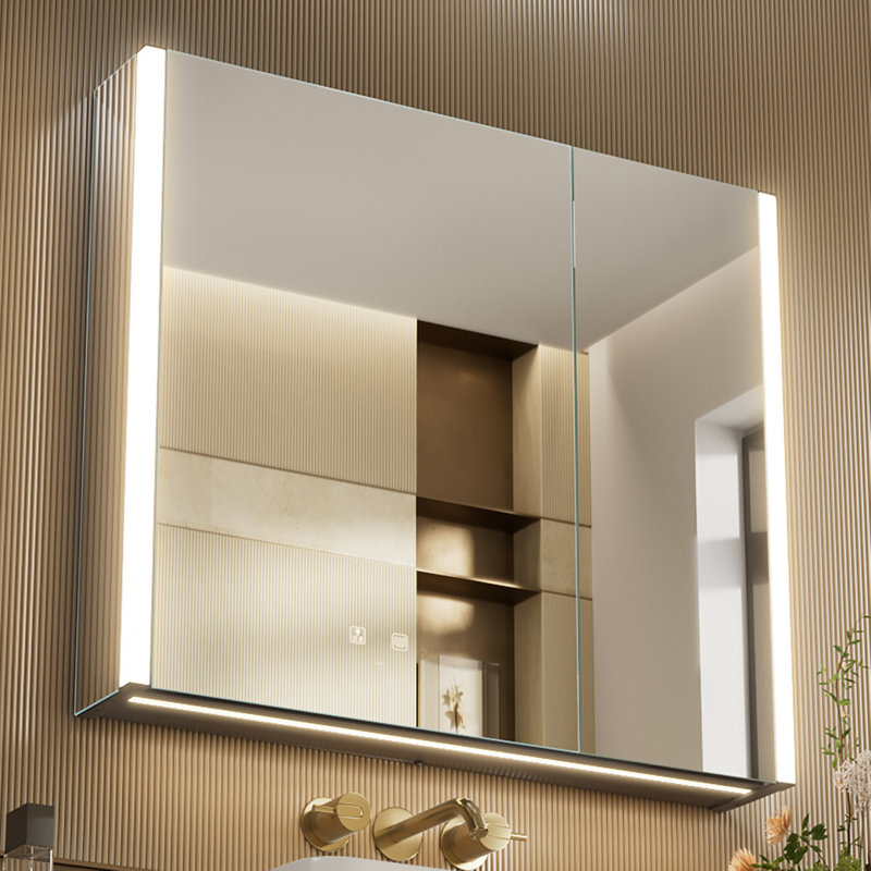 Pharmacie de salle de bain éclairée à DEL H 28 po x l 31 po avec miroir, désembueur, gradateur, prises et USB