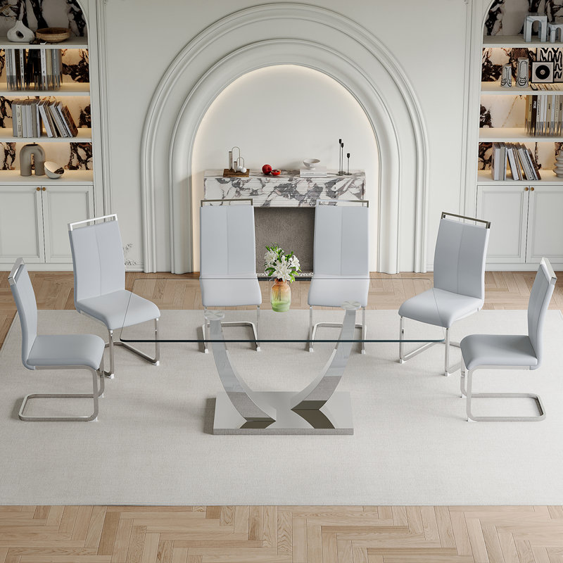 Ensemble de table de salle à manger en verre, Gris clair, 7