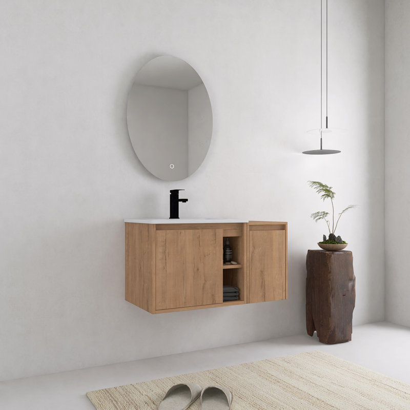 Meuble-lavabo mural 36 po avec lavabo en céramique et armoire latérale, armoire à porte à fermeture en douceur