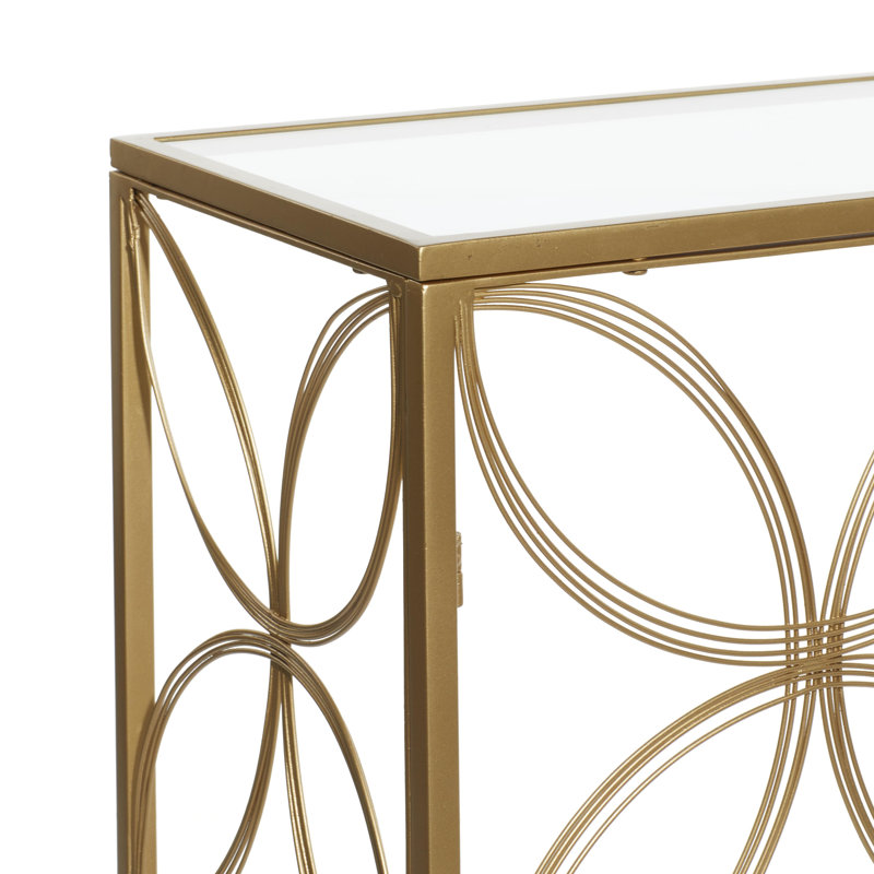 Gold Metal Geometric Open Style Quatrefoil Frame Living Room Console Table with Glass Top