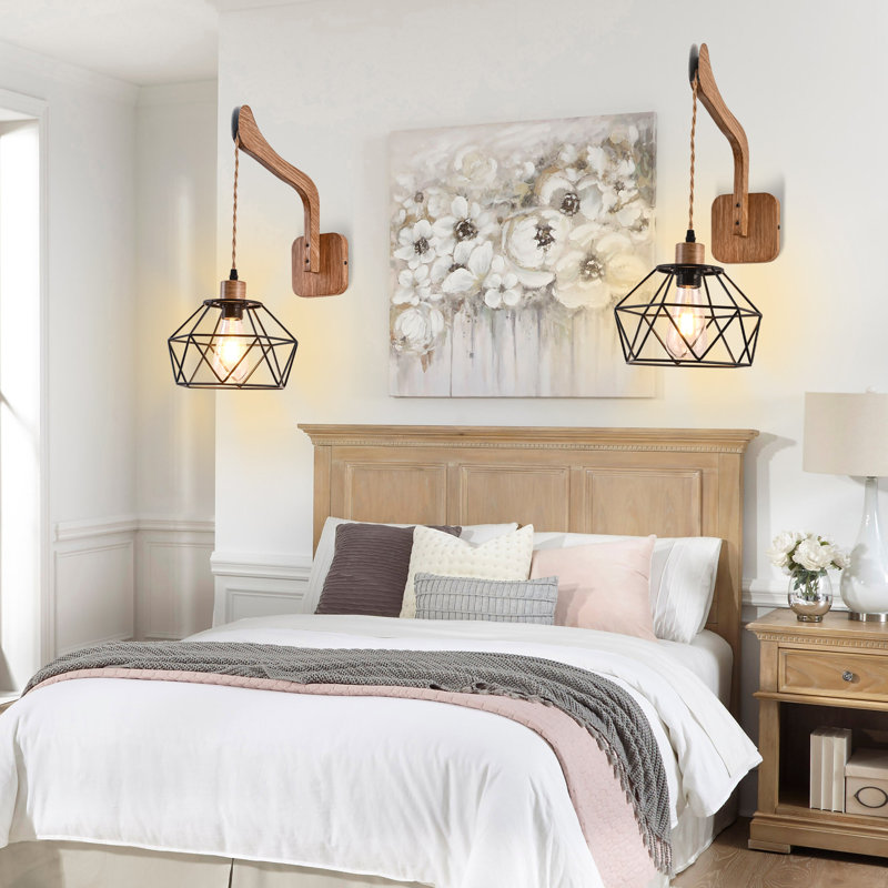 9" Farmhosue Wood Wall Sconce Wall Light with 1-light Matte Black Caged Shade, Beige Rope