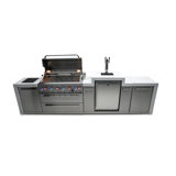 Mont Alpi 6-Burner Deluxe Stainless Steel Island Barbecue Grill + 3 Beer Tap Kegerator Refrigerator