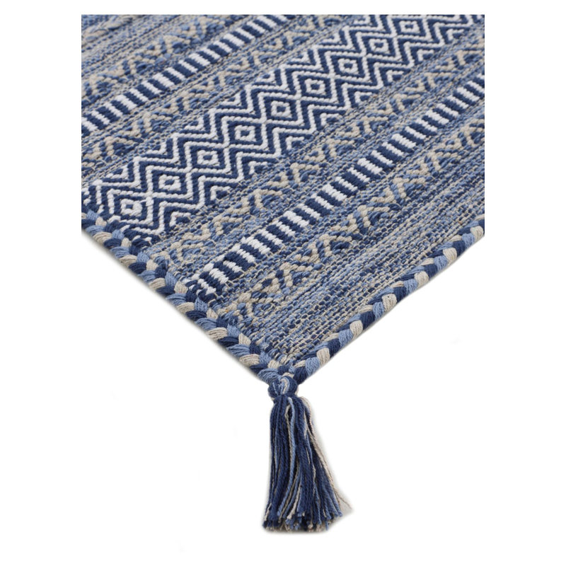 Azizi Striped Hand Woven Cotton Blue Rug, Runner 80 x 500cm