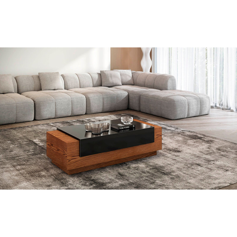 Warm Honey Oak Rectangular Coffee Table with High Gloss Black Accent