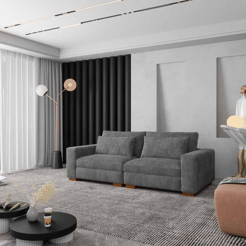 Kitson 89'' Recessed Arms Modular Sofa, Dark Gray Corduroy