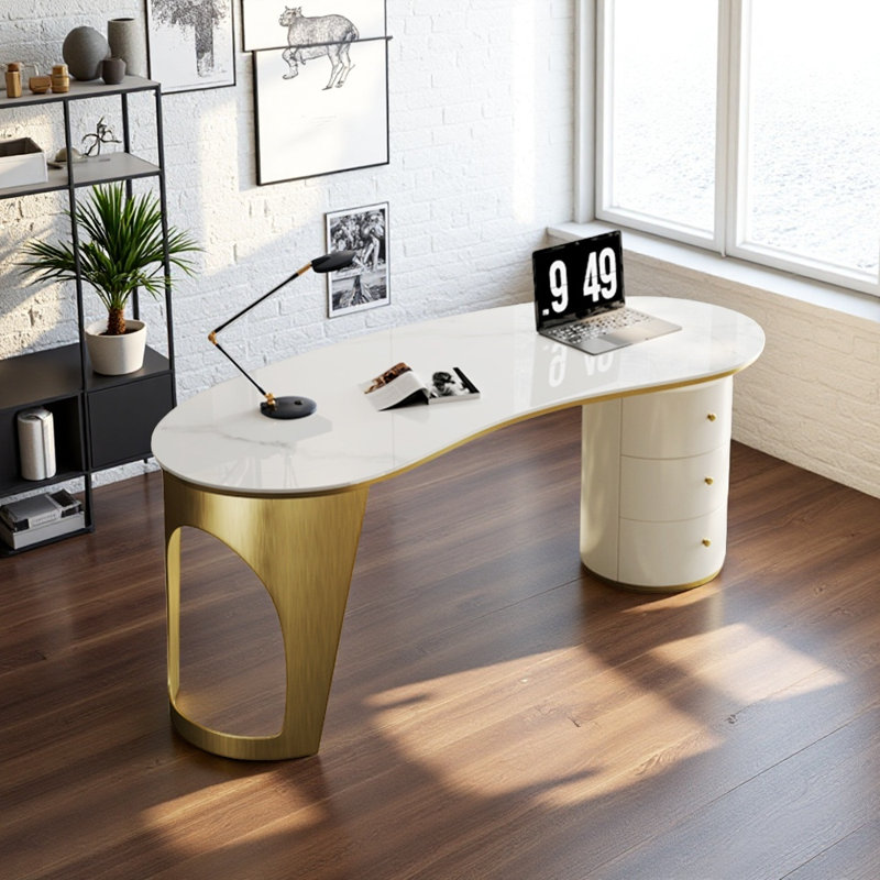 Bureau en pierre frittée de style italien de luxe léger, H 28,74 po x l 55,12 po x P 27,56 po, Blanc / gris / or