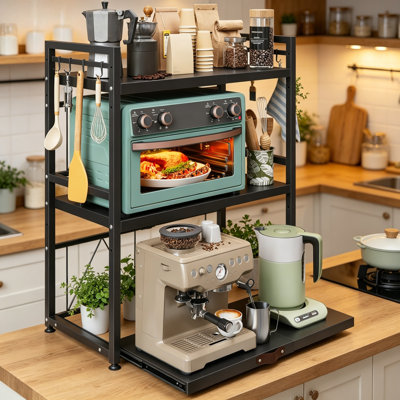 Expandable Microwave Stand 3 Tier Metal Kitchen Countertop Organizer Shelf