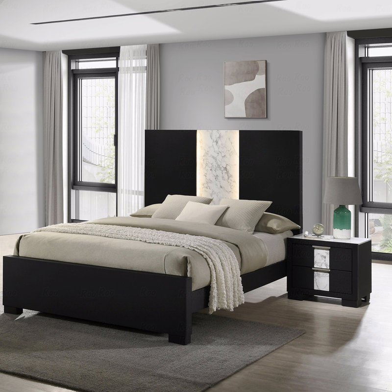 Table de chevet contemporaine 1Pc avec deux tiroirs et boutons en métal, Noir