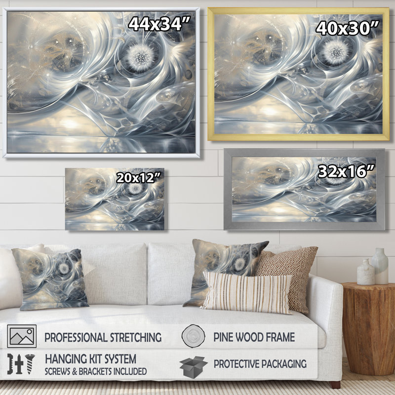Silvers Swirling Dandelion Universe - paysage abstrait, art mural, Cadre flottant noir, H 12 po x l 20 po