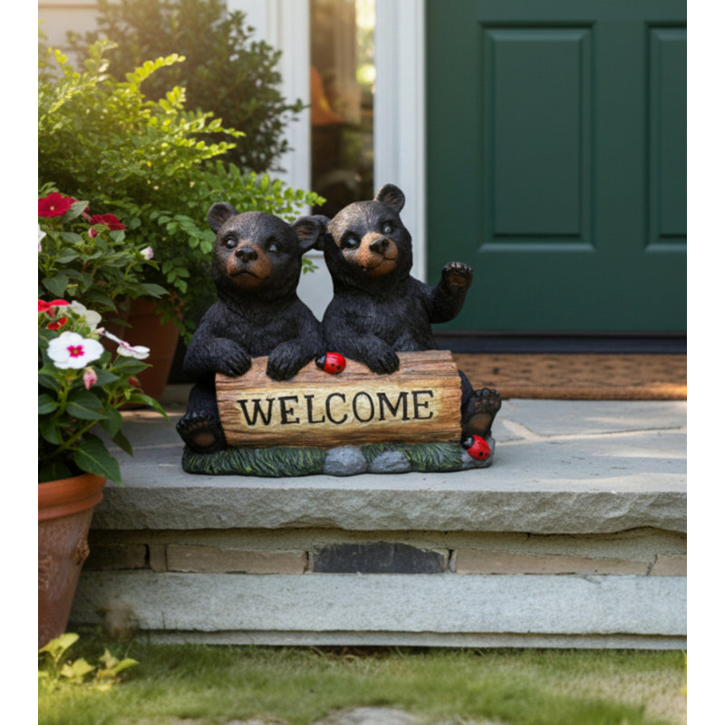 Welcome Bear Cub Garden Figurine with Ladybug Accents