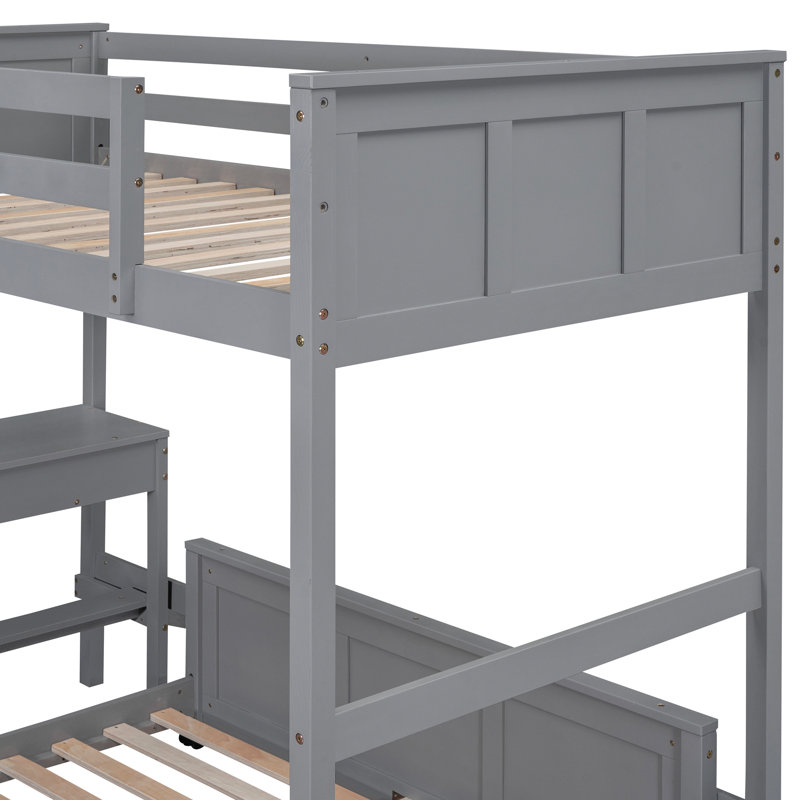 Lit superposé simple au-dessus d'un lit double gris avec bureau pratique - Bureau en bois massif et construction confortable