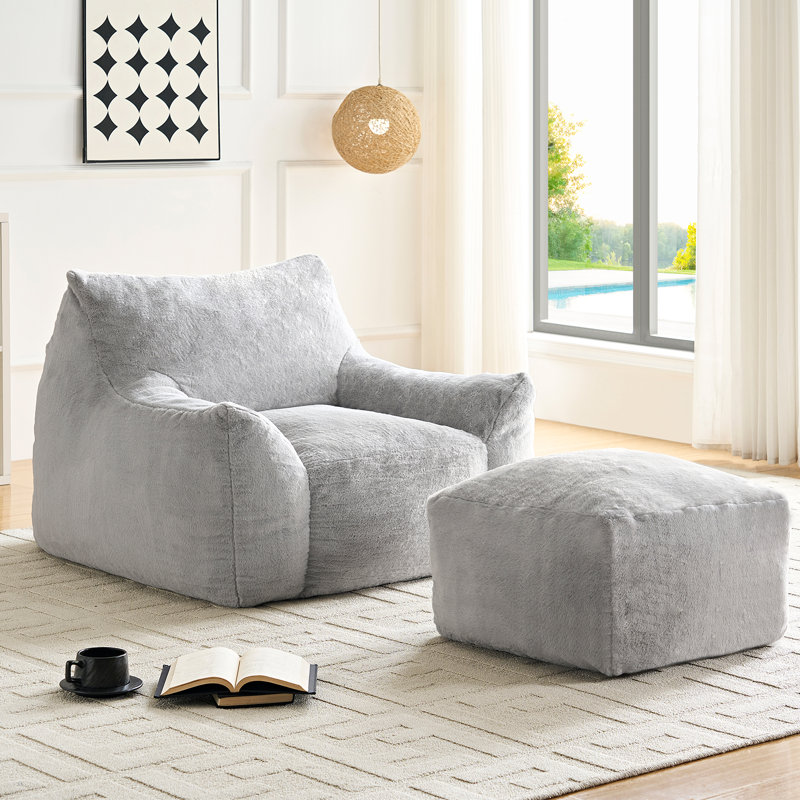 Fauteuil à billes surdimensionné avec repose-pieds et accoudoirs pour salon, canapé paresseux, gris clair, Tissu gris pâle