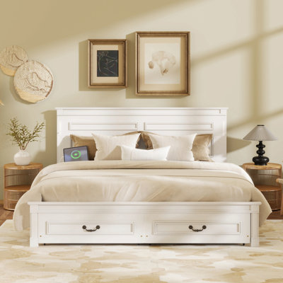 King Size Bed With Tall-Panel Headboard & Footboard, 2 Storage Drawers, Built-In Led Lights, Usb Charging Station, Pinewood Bed With Strengthened Bed Frame