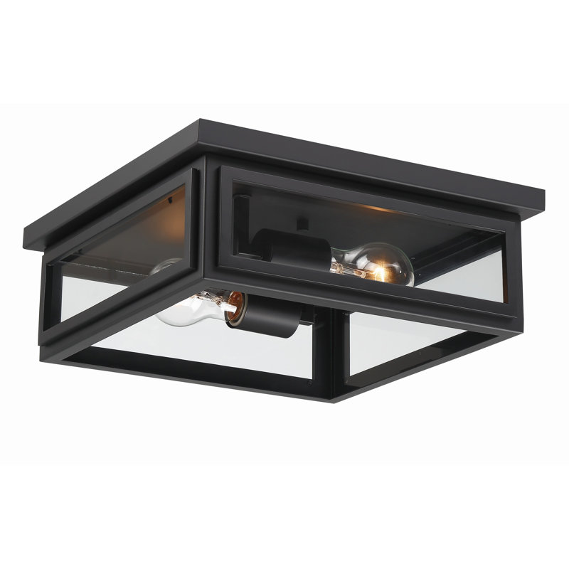 Matte Black and Clear Glass 2-Light Outdoor Flush Mount