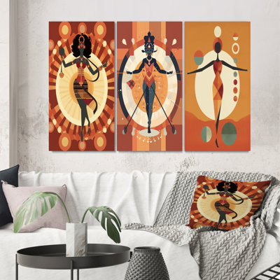 " Tribal Goddess Rhythms In Orange And Red I " 3 - Pieces