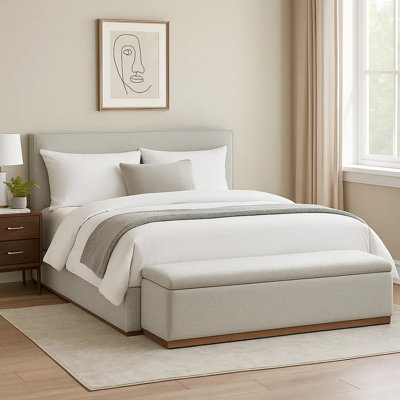 Bex King Platform Bed, Lift Top Storage Bench, Gray Linen Upholstery