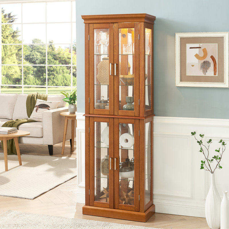 23.97"W Oak Curio Cabinet With Mirrored Back & Adjustable Shelves 70"H Glass, Oak