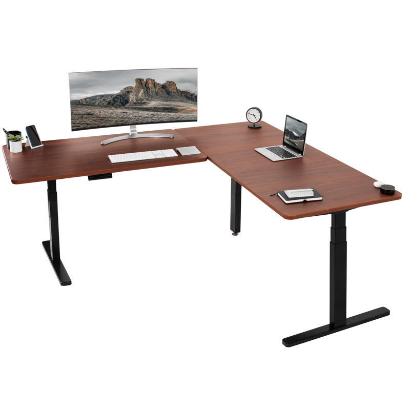 VIVO Electric 77" x 71" Corner Stand Up Desk, 3E7B Series, Dark Walnut/Black