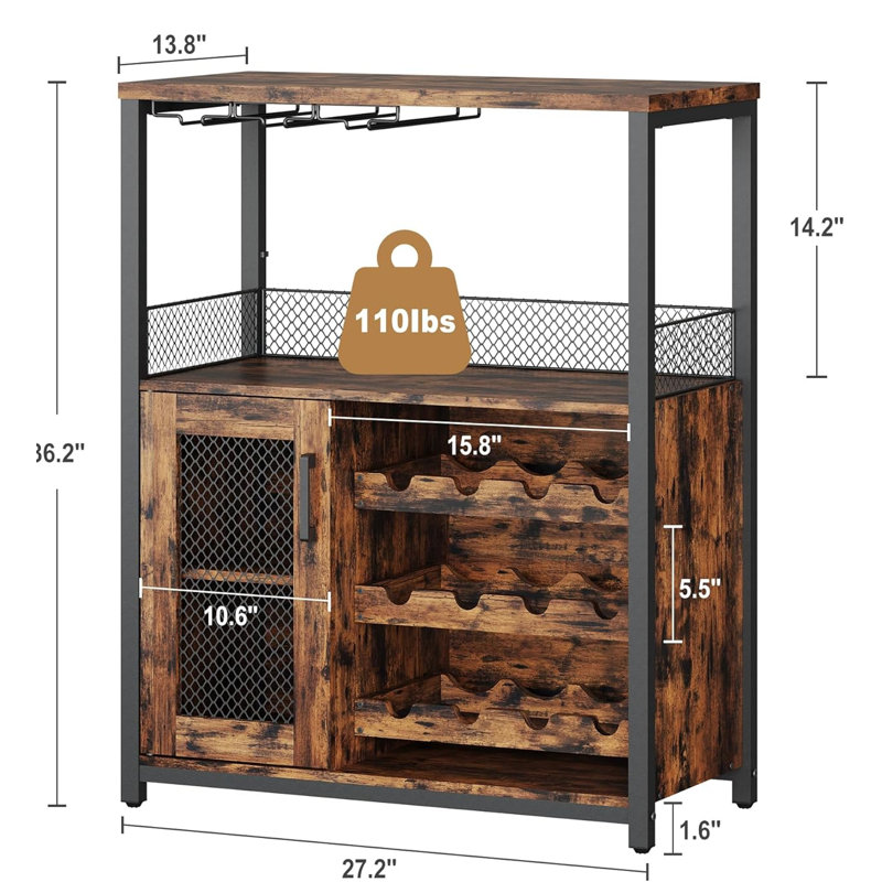 3-tier Wine Bar Cabinet with LED Lights for Kitchen, Living Room and Bar, Retro Color