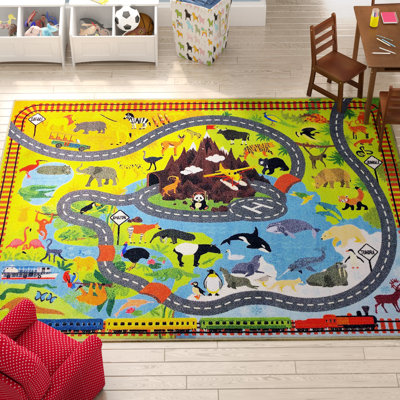 Weranna Animal Safari Vehicle Educational Learning Game Play Non Slip Kids Rug Carpet Classroom Mat