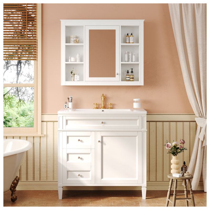 Meuble-lavabo blanc 36 po avec armoire à pharmacie intégrée, structure en bois massif et panneau de fibres à densité moyenne, plateau en céramique