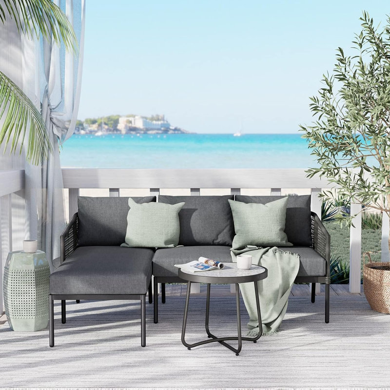 Olilawn 3 Pieces Outdoor Sectional Sofa Wicker Patio Furniture Set L-Shaped Conversation Sofa Set for Patio Garden Backyard with Olefin Cushions, Detachable Lounger, Coffee Table