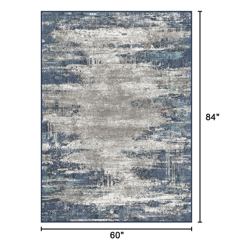 Abstract Modern Machine Washable Gray / Blue Indoor Area Rug with Non-Slip Backing, Rectangle 5' x 7'