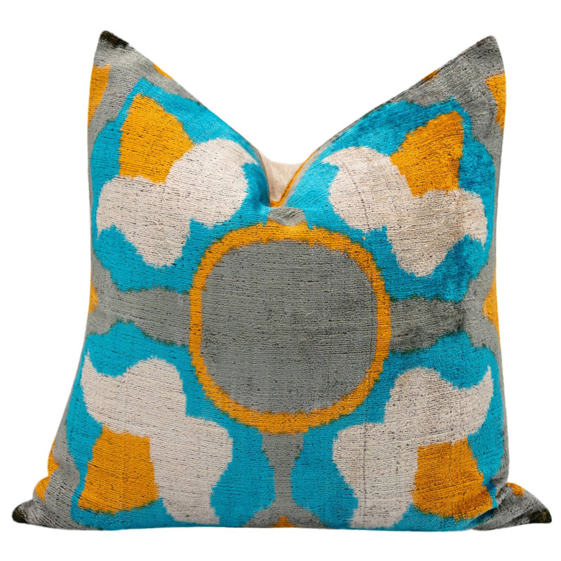 Handmade Square Blue Yellow Gray Velvet Accent Pillow 20"x20"