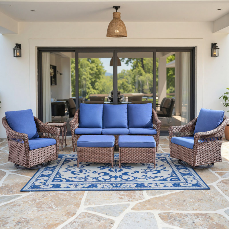Quirama 6 Piece All-Weather Rattan Outdoor Courtyard High Backrest Conversation Set With Swivel Chairs