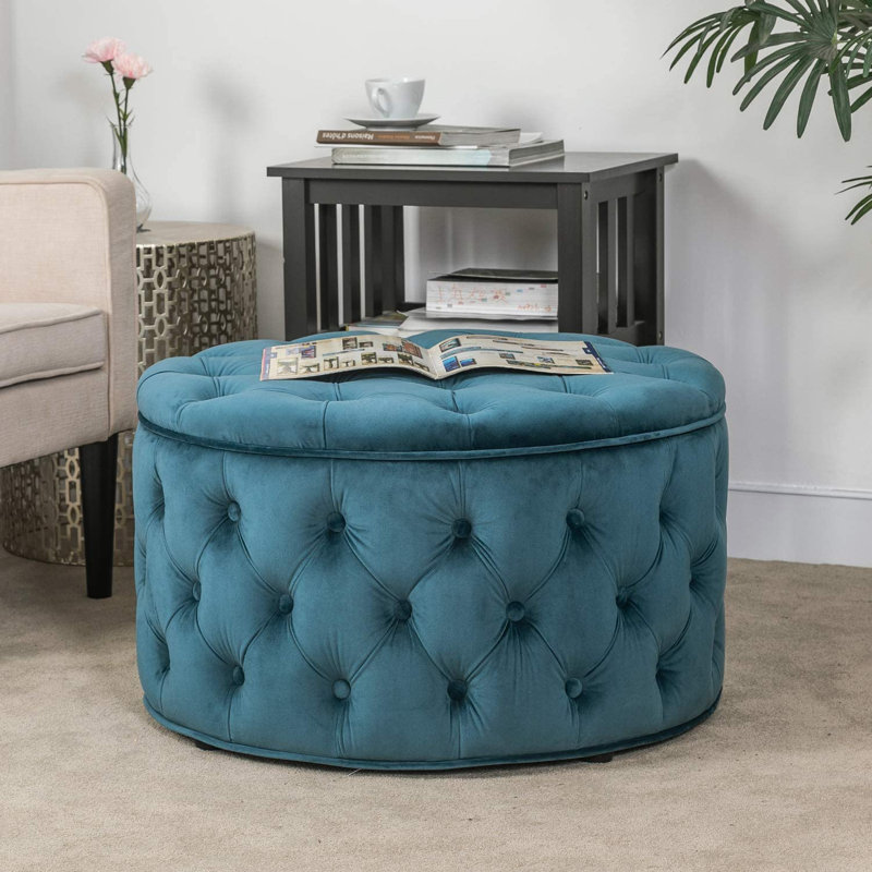 Amram Tufted Round Storage Ottoman, Blue Velvet