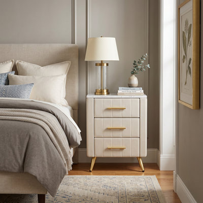 Modern Upholstered Nightstand, 3 Drawer Bedside Table With Faux Marble Top And Gold Accents