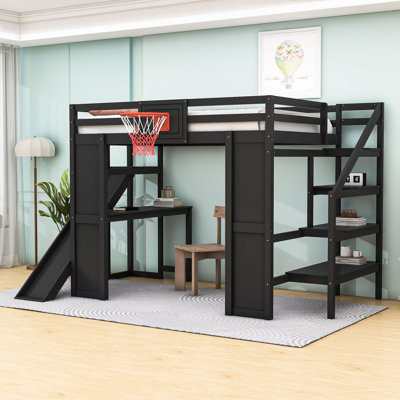 Lit mezzanine double en bois avec bureau intégré, panier de basketball et glissade