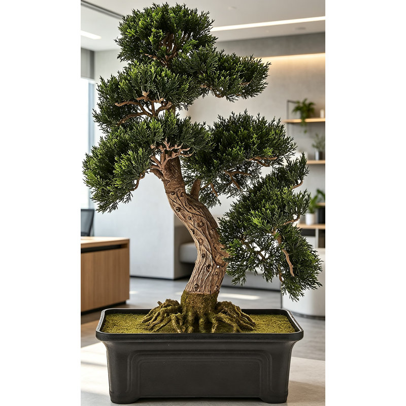 4103 24-Inch Cedar Bonsai Silk Plant Artificial Tree with Rectangular Planter, Green