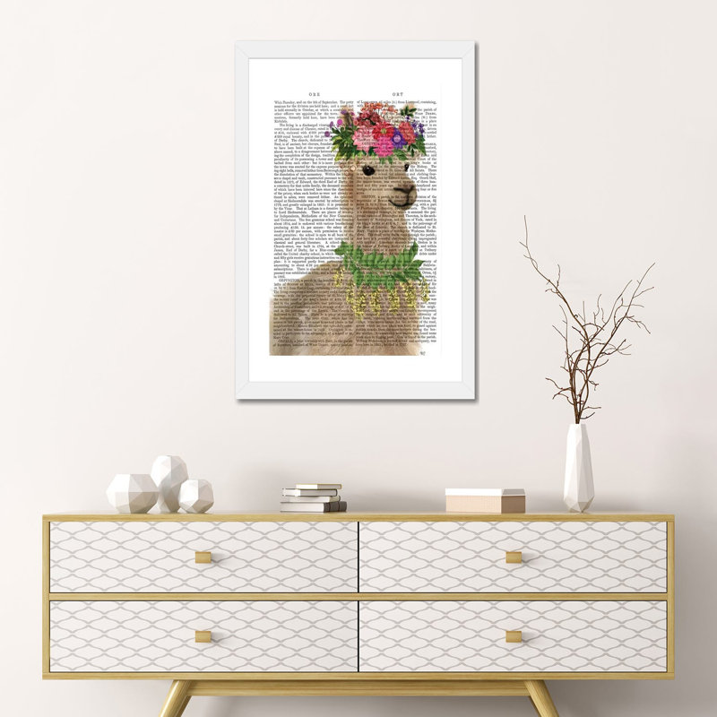 «Llama Bohemian 2» par Fab Funky, reproduction d'art graphique, H 24 po x l 16 po x P 1 po, Papier encadré blanc, Blanc