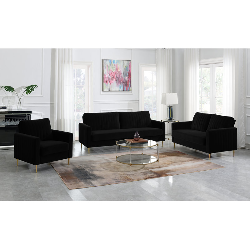 Marienville 3 - Piece Velvet Living Room Set, Black