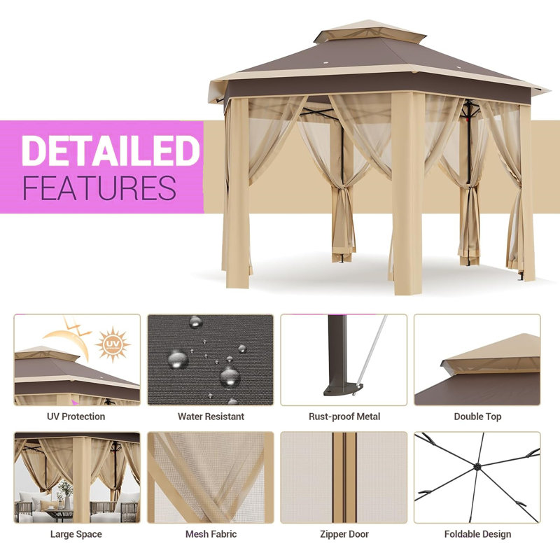 13' X 13' Pop Up Gazebo Hexagonal Outdoor Canopy Shelter Instant Patio Gazebo Tent With Mesh Netting, Khaki