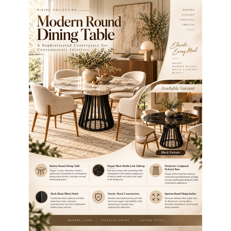 Gina Modern Round Black Dining Table with Marble-Look Top and Sculptural Metal Pedestal Base, Black