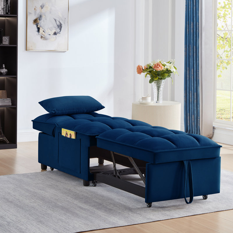 Canapé-lit simple multifonctionnel 4 en 1 avec poches de rangement, méridienne convertible, Velours bleu marine