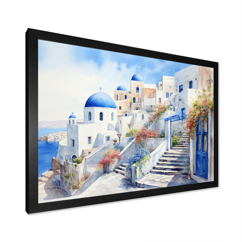 «Blue and White Santorini Village I», art mural Grèce, Cadre d'angle fermé noir, H 16 po x l 32 po x P 1 po