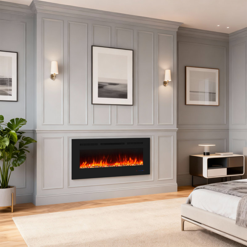 Insertion de foyer électrique 42 "/ 50" / 60 "/ 72" avec décor en cristal, foyer mural pour salon, minuterie, protection contre la surchauffe, télécommande, noir