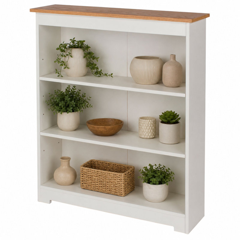 Ainsa 3-Shelf Bookcase, Soft White Painted & Oak Veneer Effect Top, 100 cm H x 80 cm W x 21.5 cm D