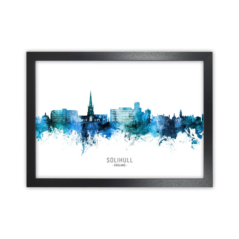 Solihull England Skyline Blue City Name by Michael Tompsett - Print, 34cm H x 46cm W x 3cm D, Black Framed