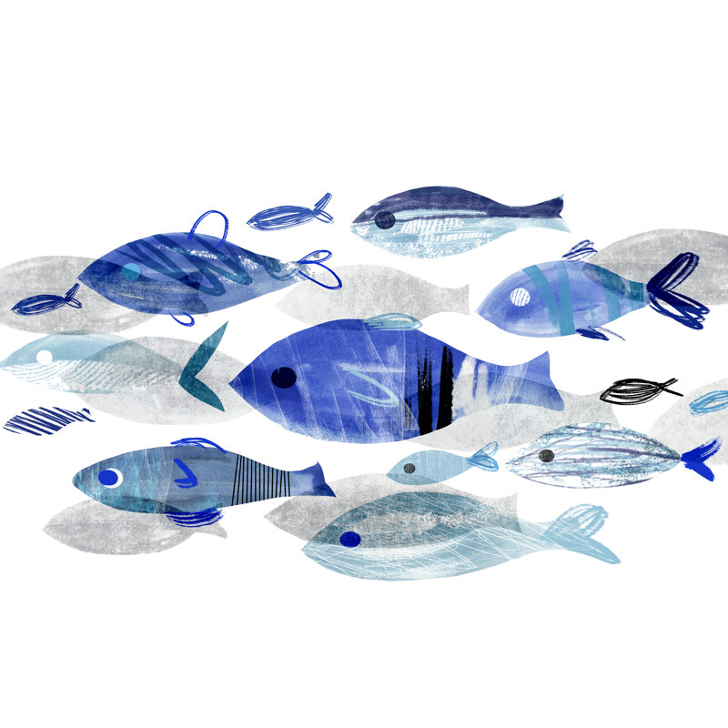 Fish Parade II by Annie Warren - Painting on Canvas, Black Floater Framed, 30cm H x 46cm W