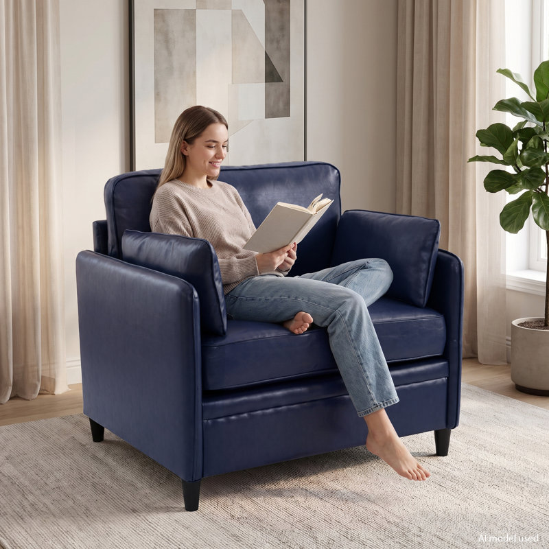 Fauteuil rembourré en similicuir de 34,5 po de largeur, fauteuil simple rembourré moderne, Bleu