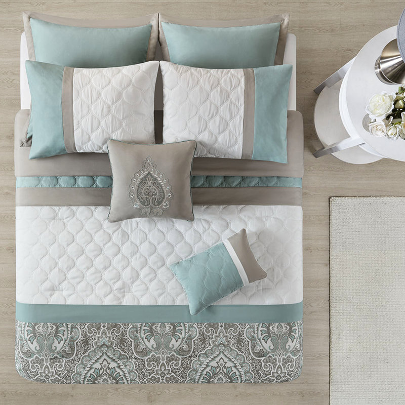 Ensemble de literie 8 pièces pour très grand lit, impression et style, couleur, literie, édredon très facile à entretenir, courtepointe à motif, teintes grises, intérieur, propre
