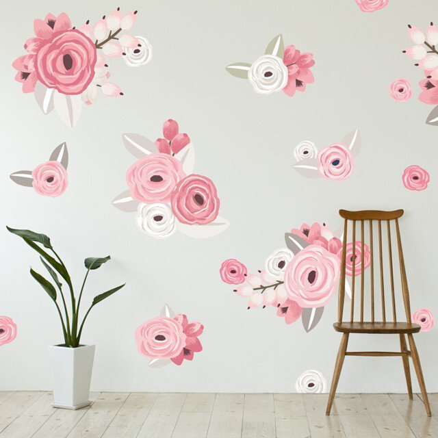 Plants & Flowers Non-Wall Damaging Wall Decal, Pink/White